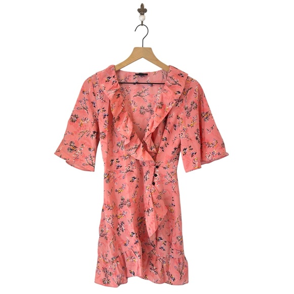 Topshop Floral Ruffle Wrap Mini Dress Size 6 Pink Flared Sleeve - Picture 2 of 7